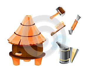 Wooden hives with beekeeping tools cartoon vector illustration isolated