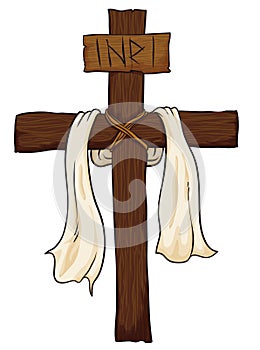 Wooden Holy Cross with Fabric and INRI sign, Vector Illustration photo