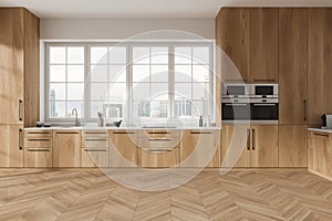 Wooden home kitchen interior with cooking shelves, kitchenware and window