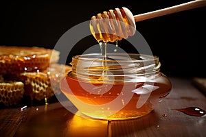 Wooden honey spoon with honey flowing onto a glass jar on blurred background