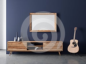 Wooden horizontal Frame poster Mockup hanging on dark blue wall photo