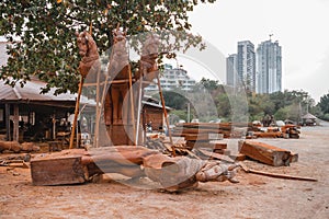 Wooden Horse Sculpture in Wood Workshop at Sanctuary of The Truth. Pattaya, Chonburi Province, Thailand