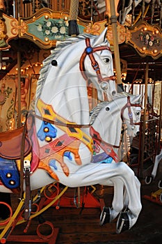 Wooden horses on an old carousel