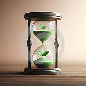 Wooden hourglass with green leaves, Time management concept, time passing, 3D rendering, generative ai
