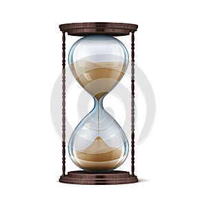 Wooden hourglass. Realistic sand clock. 3D stopwatch on brown stand. Old-fashioned chronometer for countdown. Falling