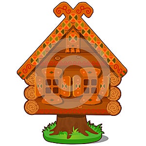 Wooden house of Baba Yaga isolated on white background. The character of Russian folk tales. Vector cartoon close-up