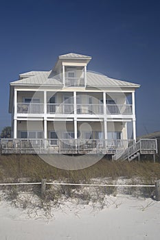 Wooden house with balcony on beach