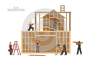 Wooden house build. Isolated industrial scene. Civil engineers at work. Construction job. Cartoon workers in uniform