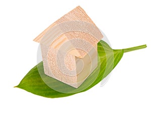 Wooden house of building blocks with green leaf