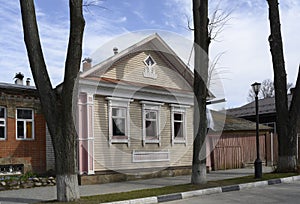 A wooden house built in 1923 with carved platbands in Gorodets, Russia