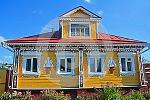 Wooden house with carved platbands in Suzdal, Russia