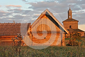 Wooden house and church in the ethnographic museum