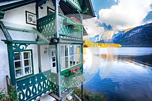 Wooden house on the coast of lake in Hallstatt village Austrian