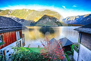 Wooden house on the coast of lake in Hallstatt village Austrian