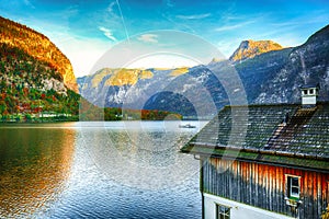 Wooden house on the coast of lake in Hallstatt village Austrian