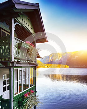 Wooden house on the coast of lake in Hallstatt village Austrian