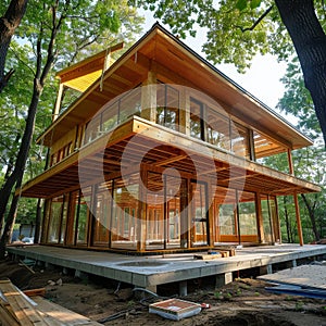 Wooden house construction frame provides a solid foundation for a cozy and enduring home photo