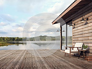 Wooden house exterior with beautiful lake and mountain view 3d render