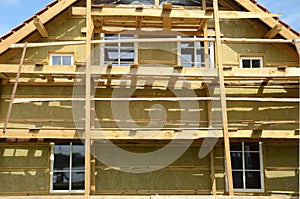 Wooden house exterior thermal insulation with mineral rockwool