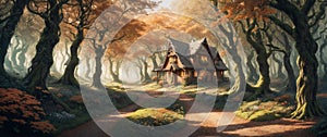 Wooden house in the fairytale forest on a serene autumn day - Generative AI Illustration
