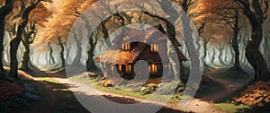 Wooden house in the fairytale forest on a serene autumn day - Generative AI Illustration