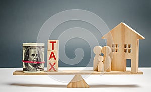 Wooden house and family with the inscription `Tax` on the scales. Taxes on real estate, payment. Penalty, arrears. Register of tax