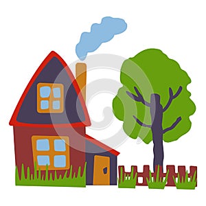 Wooden house with fence and garden. Red, blue, brown and yellow. Green grass and tree. Blue smoke from chimney. Cartoon style.