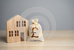 Wooden house figure and british pound sterling money bag. Taxes.