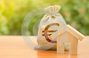 Wooden house figurine and Euro money bag on the background of nature. Budget, subsidized funds. Mortgage loan for the purchase