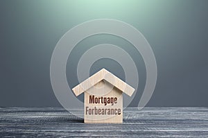 Wooden house figurine with inscription Mortgage forbearance. Borrower and lender agreements reduce or suspend mortgage loan photo