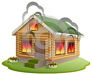 Wooden house fire. Wooden home burning. Insurance of property