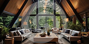 Wooden house in forest, Interior design of modern living room with vaulted ceiling