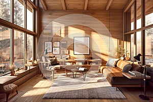 Wooden house in forest, Interior design of modern living room with wooden lining. Created with generative AI