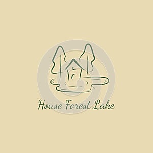 Wooden house in forest and lake logo design template