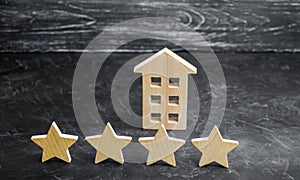 Wooden house and four stars on a gray background. Rating of houses and private property. Buying and selling, renting apartments.