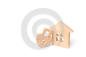 Wooden house with Heart shaped lock on a white background. Love nest, relationships. Buying a house with a young family.
