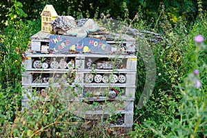 Wooden house or hotel for insects in Clare, Suffolk, England