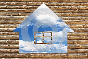 Wooden house icon on blue sky background