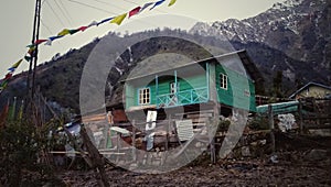 A wooden house at Lachung North Sikkim . Mountains house.