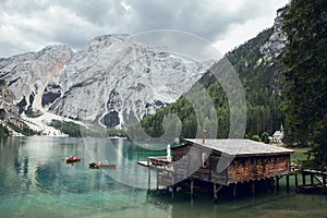 Wooden house in Lago di Braies, Dolomites Alps, Italy