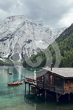 Wooden house in Lago di Braies, Dolomites Alps, Italy