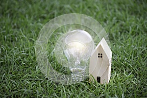 Wooden house and light bulb on green grass, energy-saving, using renewable green energy for saving the world, love and protect our