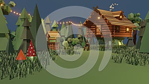 Wooden house from magical fairy tale in forest. 3D illustration of surreal Baba Yaga hut on chicken legs in wood. Supernatural