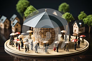 Wooden house model with individuals holding umbrellas, representing real estate insurance