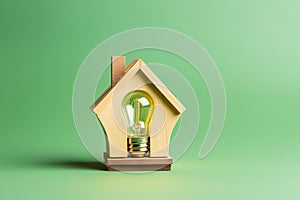 Wooden house model with light bulb inside on green background. Energy saving and eco house