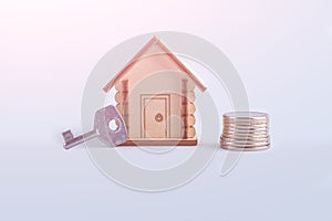 Wooden house model, stocks money and key on blue background. Concept of buying and selling homes and real estate. Home Insurance,