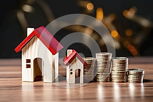 wooden house models and coins, symbolizing real estate investment and property value growth