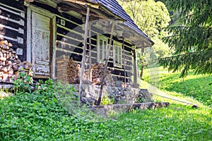 Wooden house in mountain village Prasnica near Stare Hory