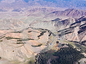 The wooden house is on the mountaintop,Aerial photography