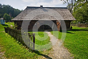 Wooden house in open air musem near Bardejovske kupele spa resort during summer